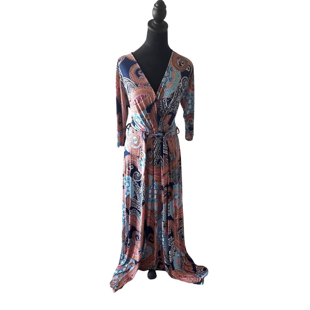 Janette Plus USA Paisley Maxi Wrap Dress 3/4 Sleeve 1X/2X Made in USA